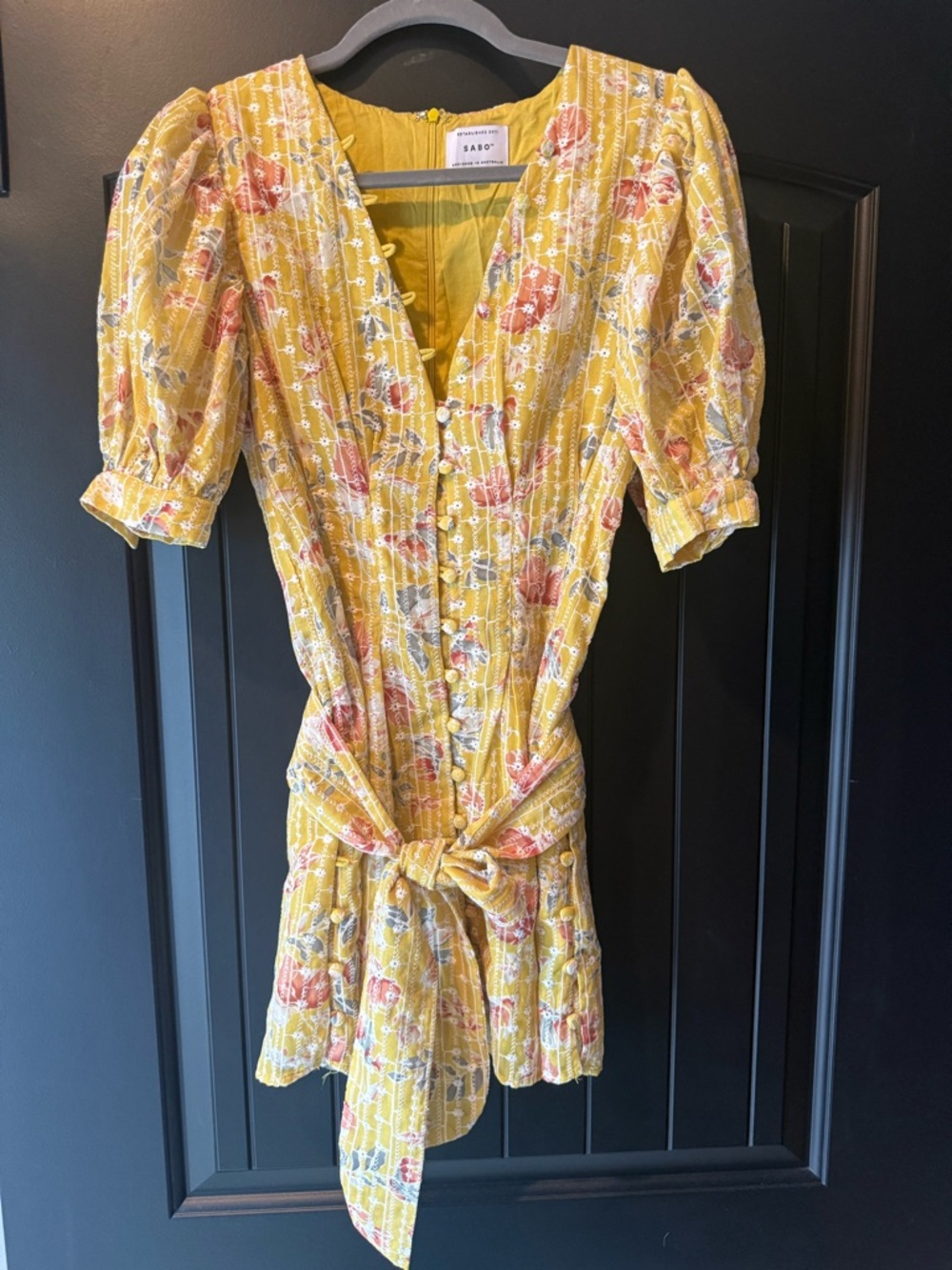 SABO Floral Mini Dress | Yellow Button Front Tie Waist | Size XS